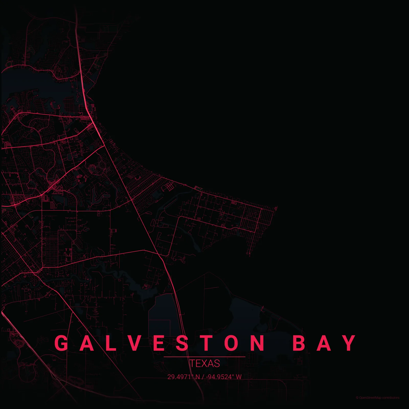Street map of the Galveston Bay area centred on the Standard Fence shop in San Leon, Texas, covering the communities served from Clear Lake and League City south to Texas City and Galveston.